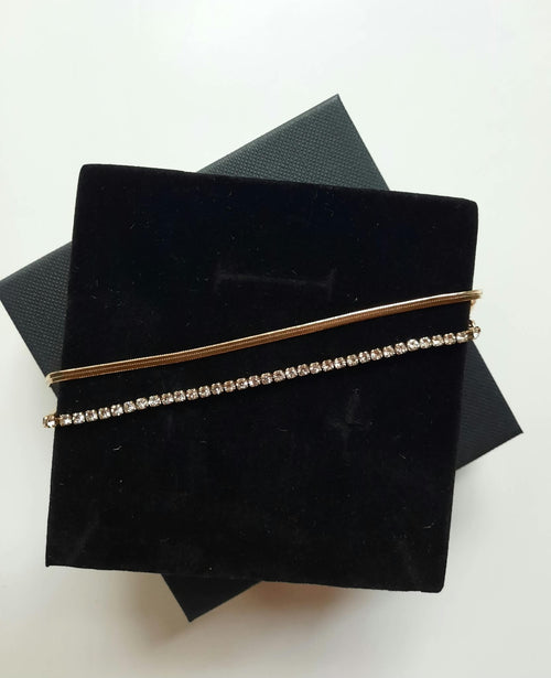 Dubbele armband platte schakel/strass steentjes