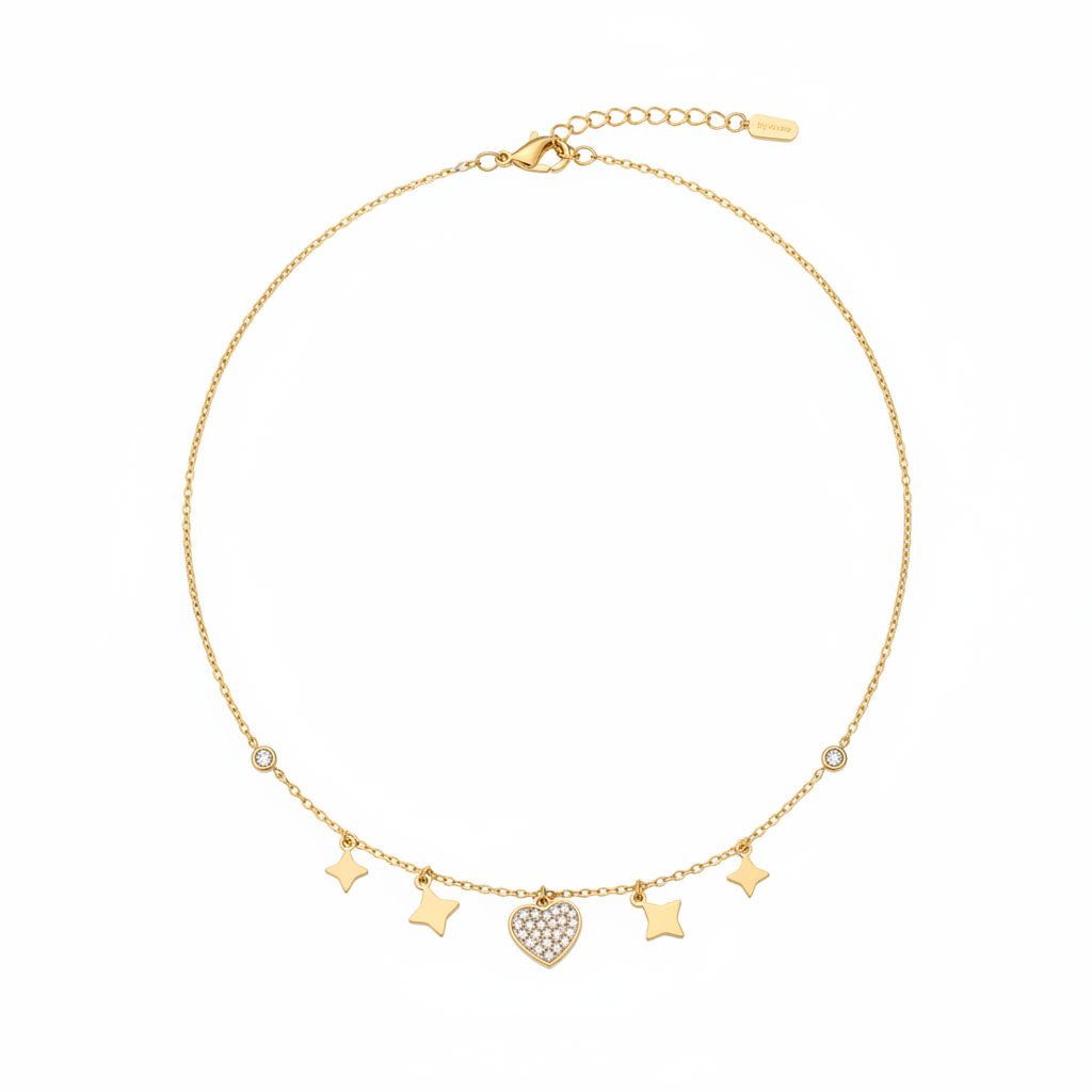 Korte ketting met hart en sterren witte achtergrond
